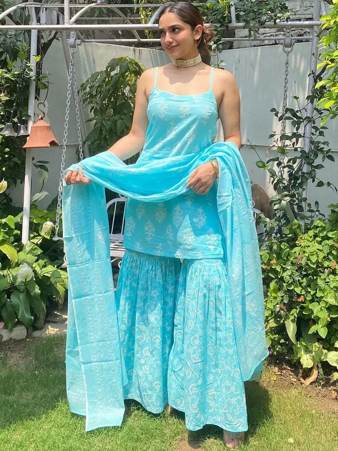  Blue Printed Cotton Straight Kurta With Sharara & Dupatta 