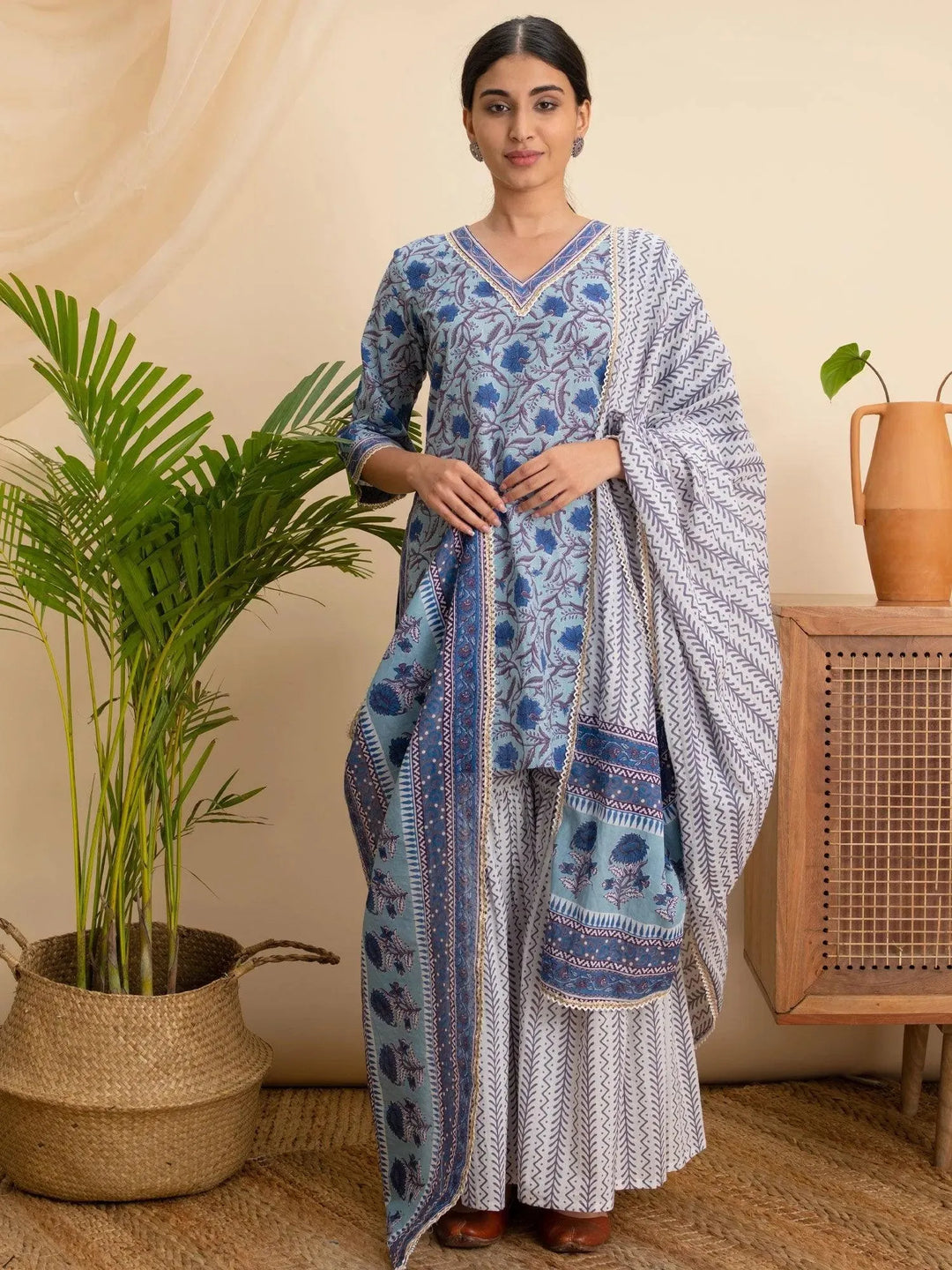 Blue Printed Cotton Suit Set - Libas