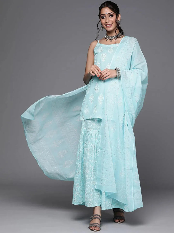 Blue Printed Cotton Straight Kurta With Sharara & Dupatta - Libas
