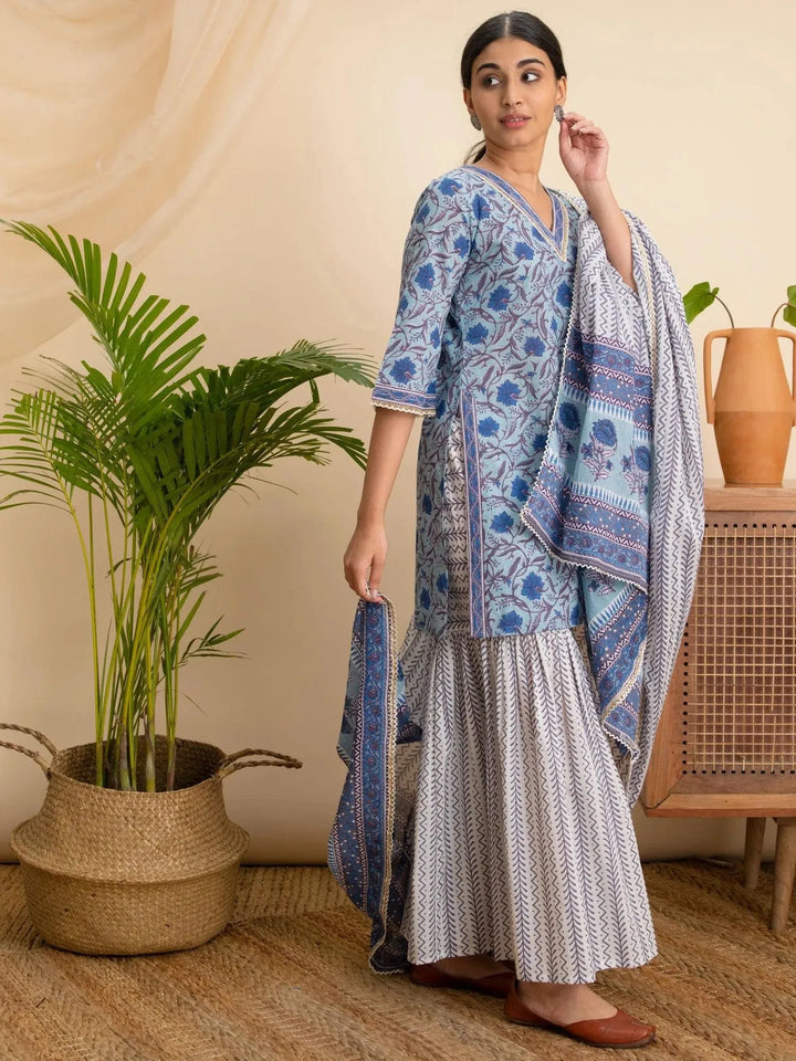 Blue Printed Cotton Suit Set - Libas