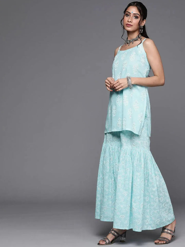 Blue Printed Cotton Straight Kurta With Sharara & Dupatta - Libas