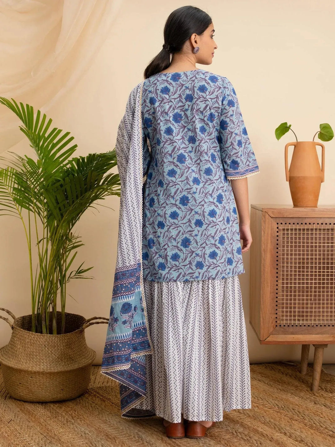 Blue Printed Cotton Suit Set - Libas 