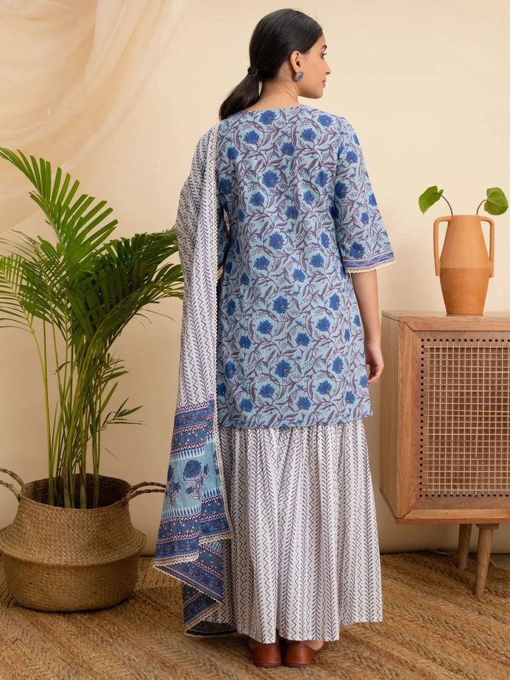 Blue Printed Cotton Suit Set - Libas