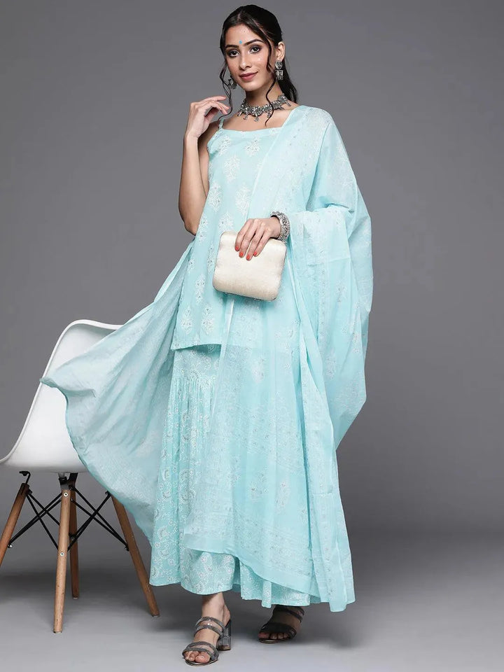 Blue Printed Cotton Straight Kurta With Sharara & Dupatta - Libas