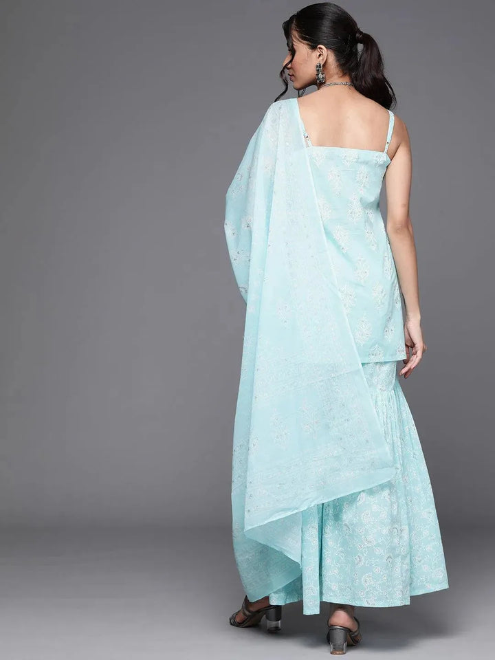 Blue Printed Cotton Straight Kurta With Sharara & Dupatta - Libas