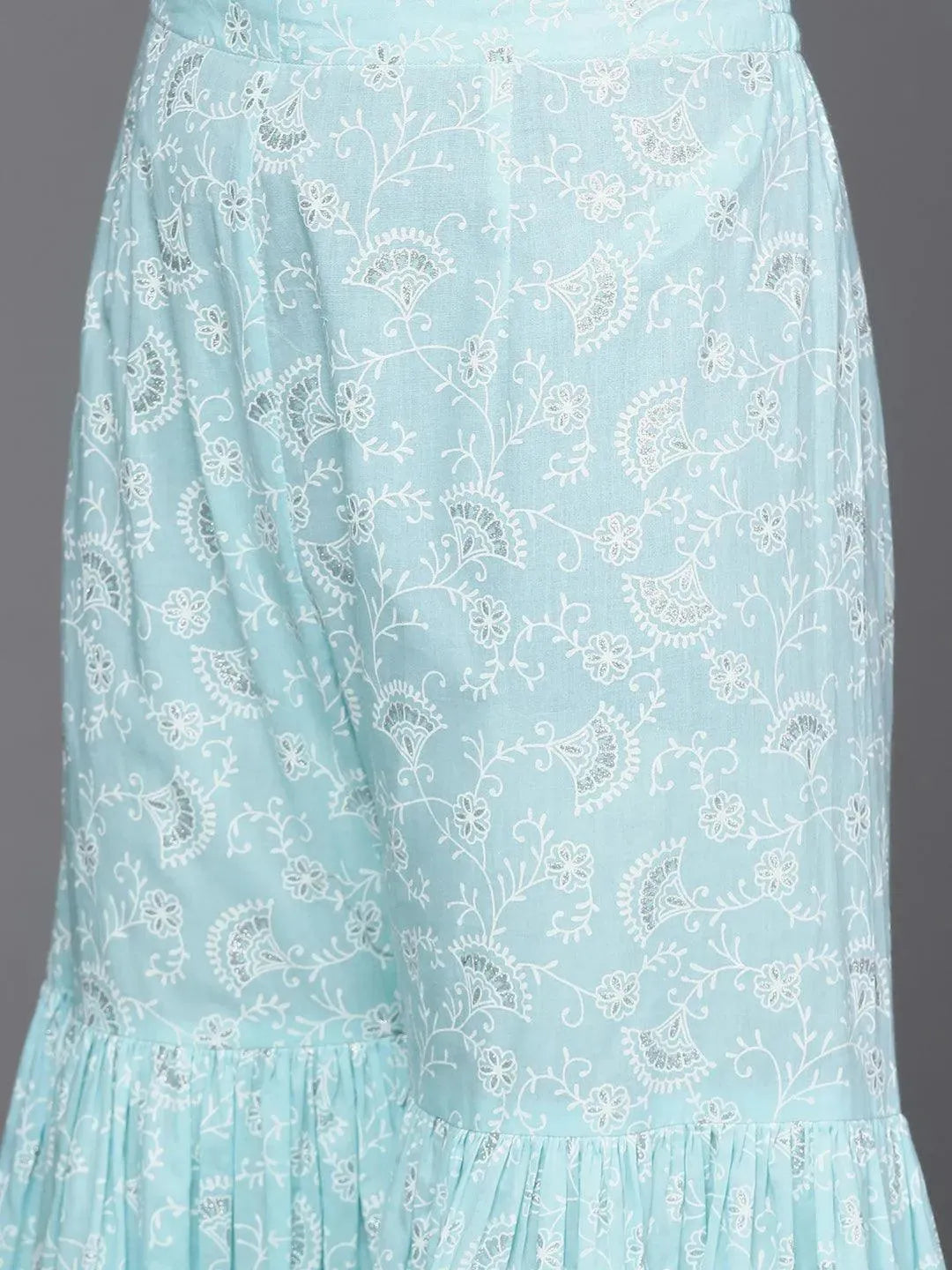 Blue Printed Cotton Straight Kurta With Sharara & Dupatta - Libas 
