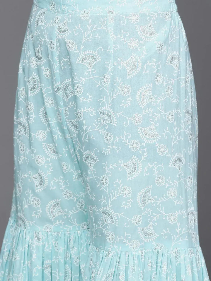 Blue Printed Cotton Straight Kurta With Sharara & Dupatta - Libas