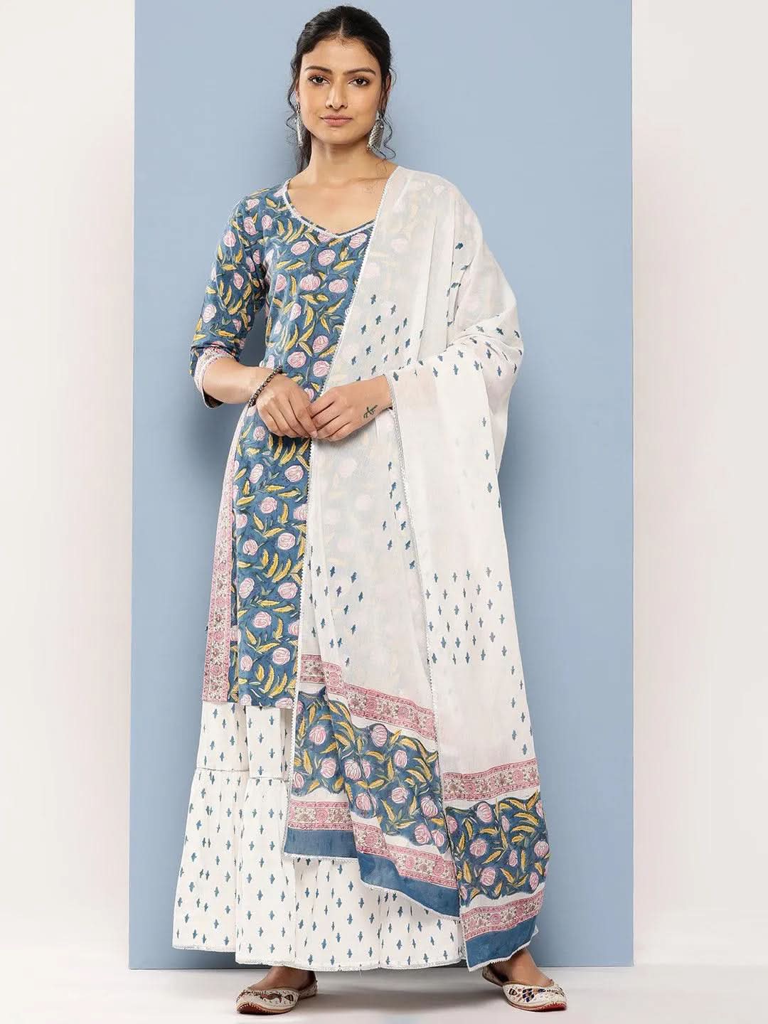 

Blue Printed Cotton Straight Kurta With Skirt & Dupatta