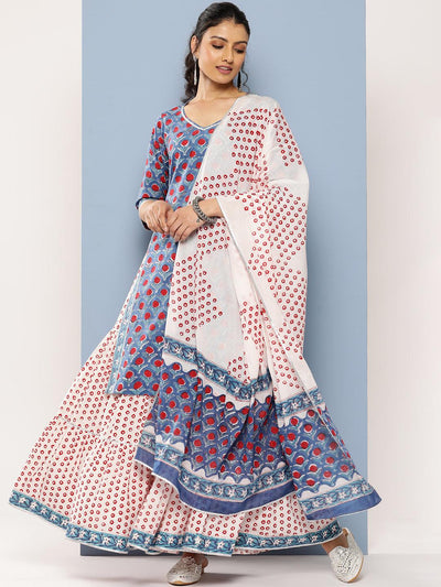 Cotton Blue Block Print Kurta Skirt Set with Dupatta - 34 / Ships in 2-3  Weeks | Kurta skirt, Fancy kurti, Dress indian style