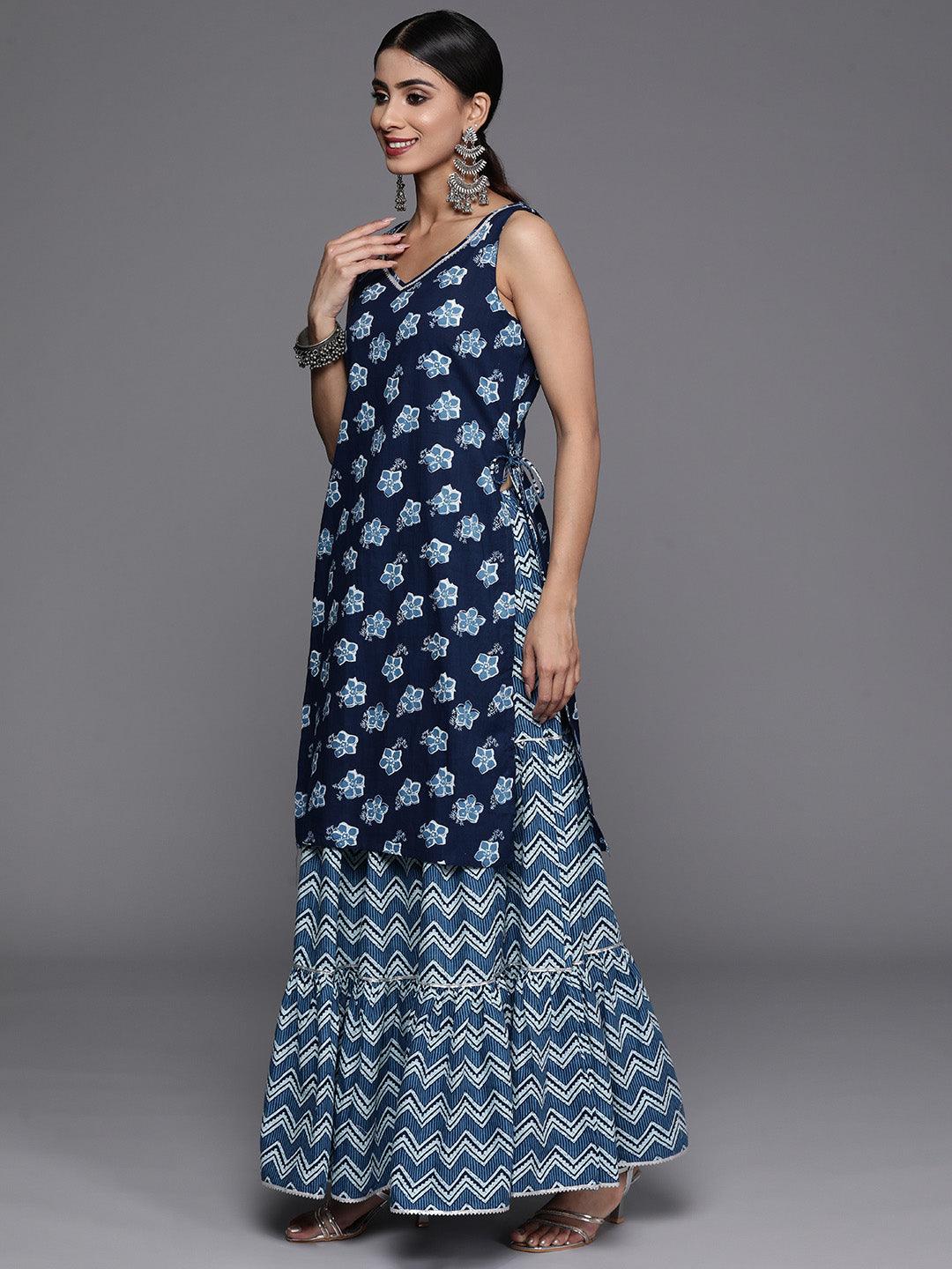 Blue Printed Cotton Straight Kurta With Skirt & Dupatta