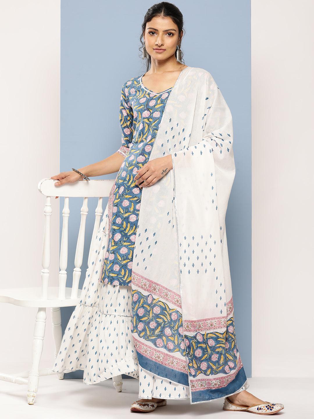Blue Printed Cotton Straight Suit Set With Skirt - Libas