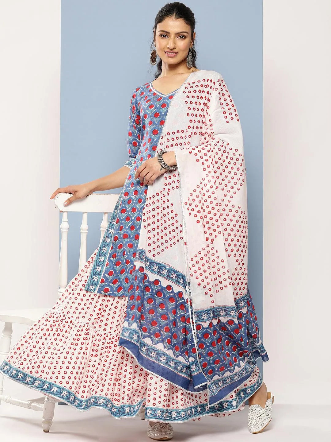 Blue Printed Cotton Straight Suit Set With Skirt - Libas 