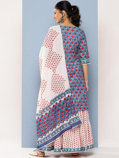 Blue Printed Cotton Straight Suit Set With Skirt - Libas