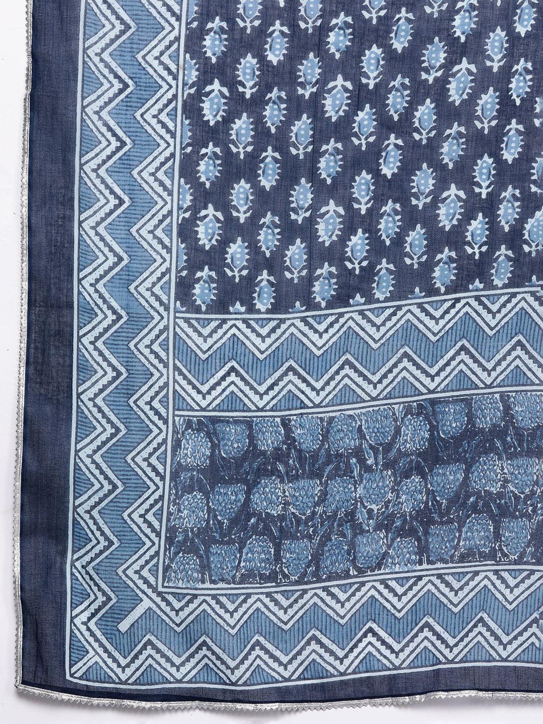 Blue Printed Cotton Straight Kurta With Sharara & Dupatta - Libas