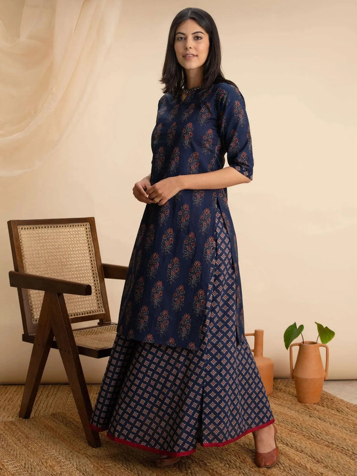 Blue Printed Cotton Kurta Set - Libas