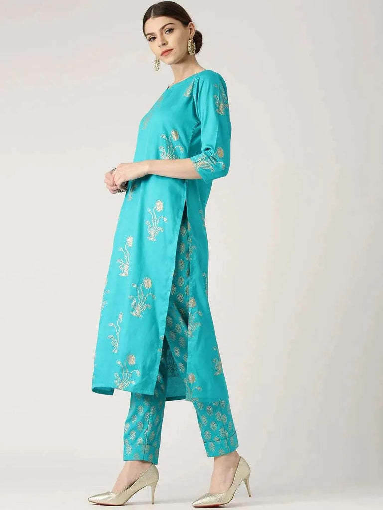 Libas Blue Printed Cotton Straight Kurta With Trousers