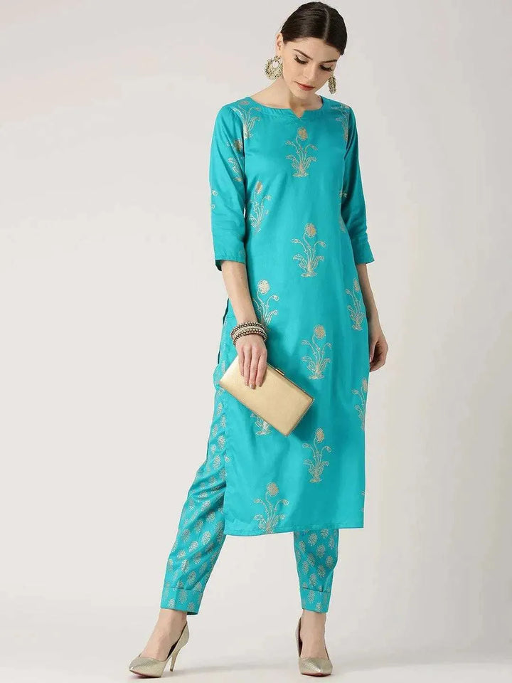 Blue Printed Cotton Kurta Set - Libas