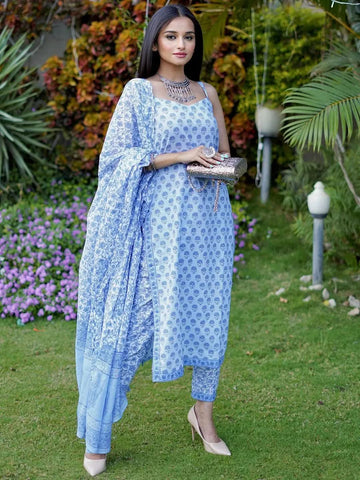 Blue Printed Cotton Straight Kurta With Trousers & Dupatta