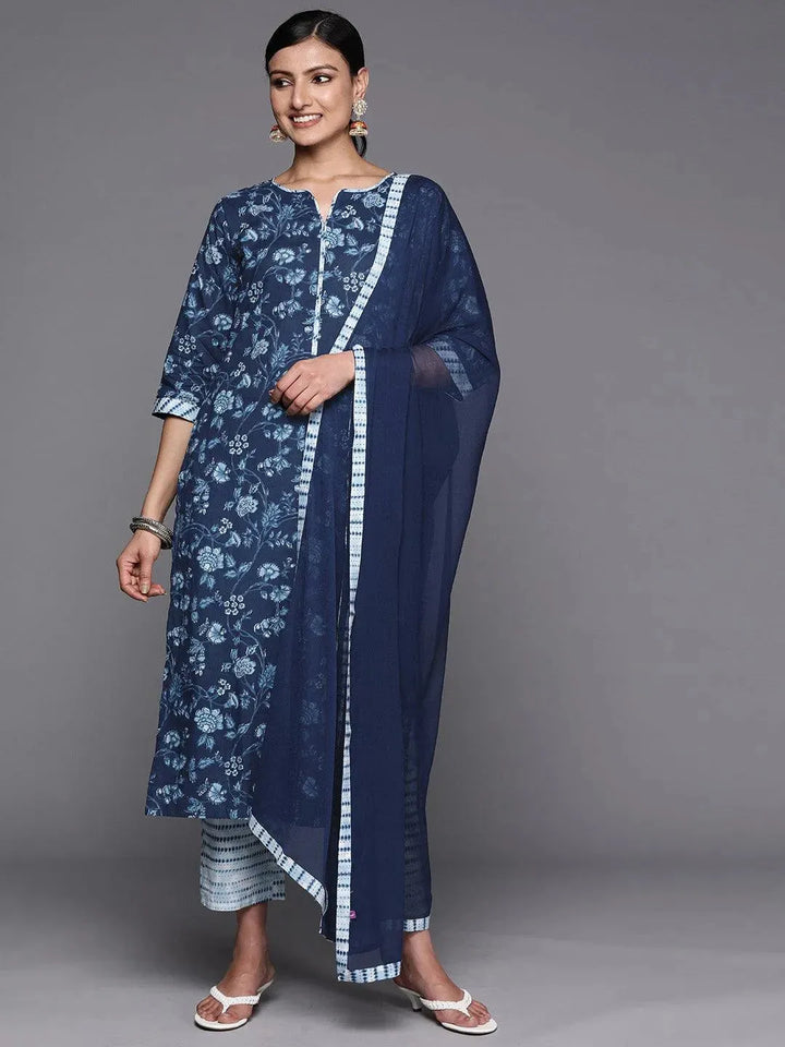 Blue Cotton Printed Straight Suit Set With Trousers - Libas