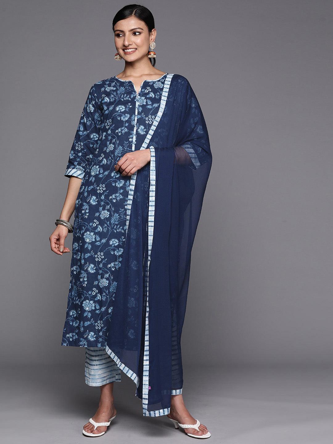 Blue Cotton Printed Straight Suit Set With Trousers - Libas