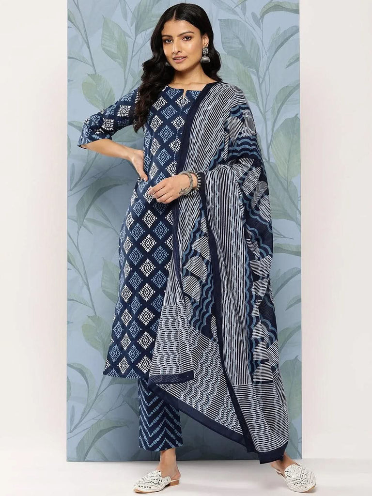 Libas Blue Printed Cotton Straight Kurta With Trousers & Dupatta