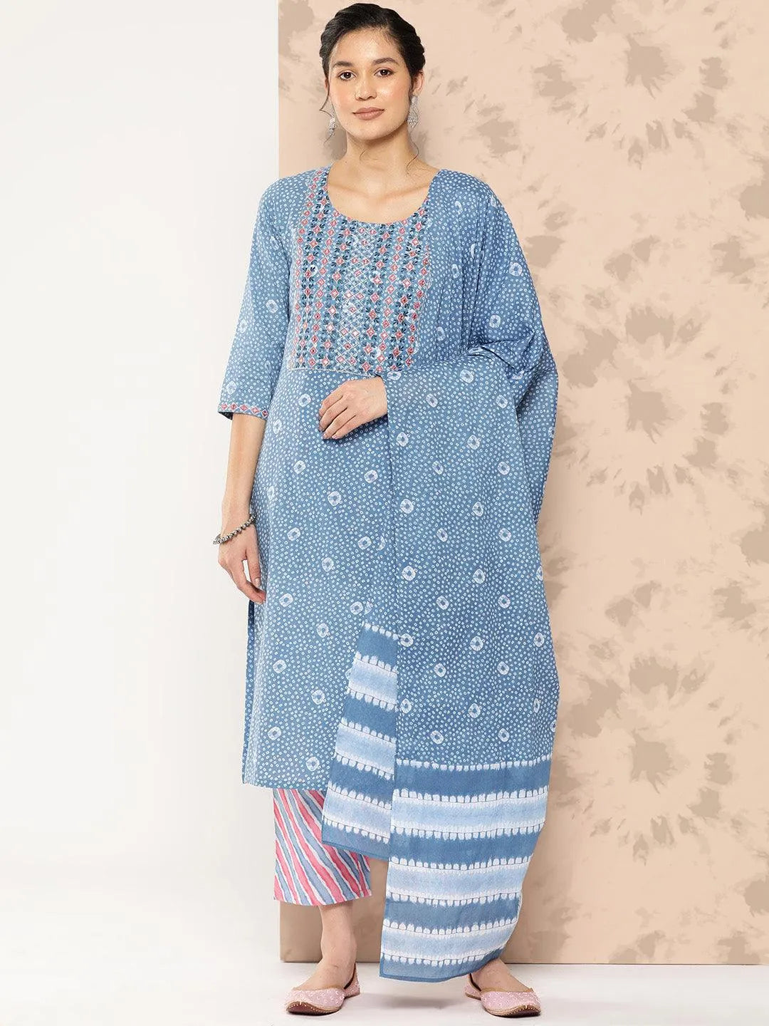 Blue Printed Cotton Straight Kurta With Trousers and Dupatta - Libas 