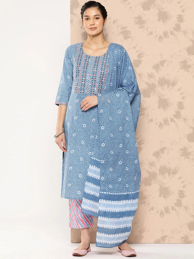 Blue Printed Cotton Straight Kurta With Trousers and Dupatta - Libas