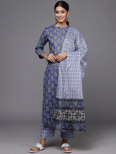 Blue Printed Cotton Straight Kurta With Trousers & Dupatta - Libas