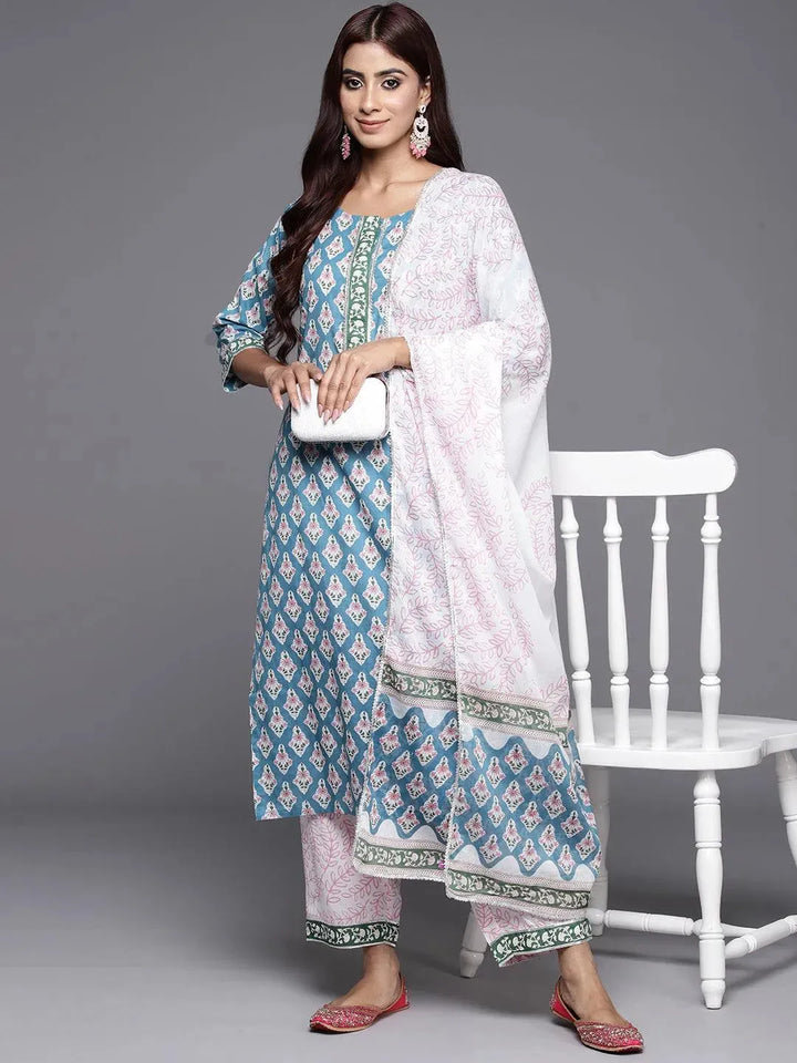 Blue Printed Cotton Straight Kurta With Trousers & Dupatta - Libas