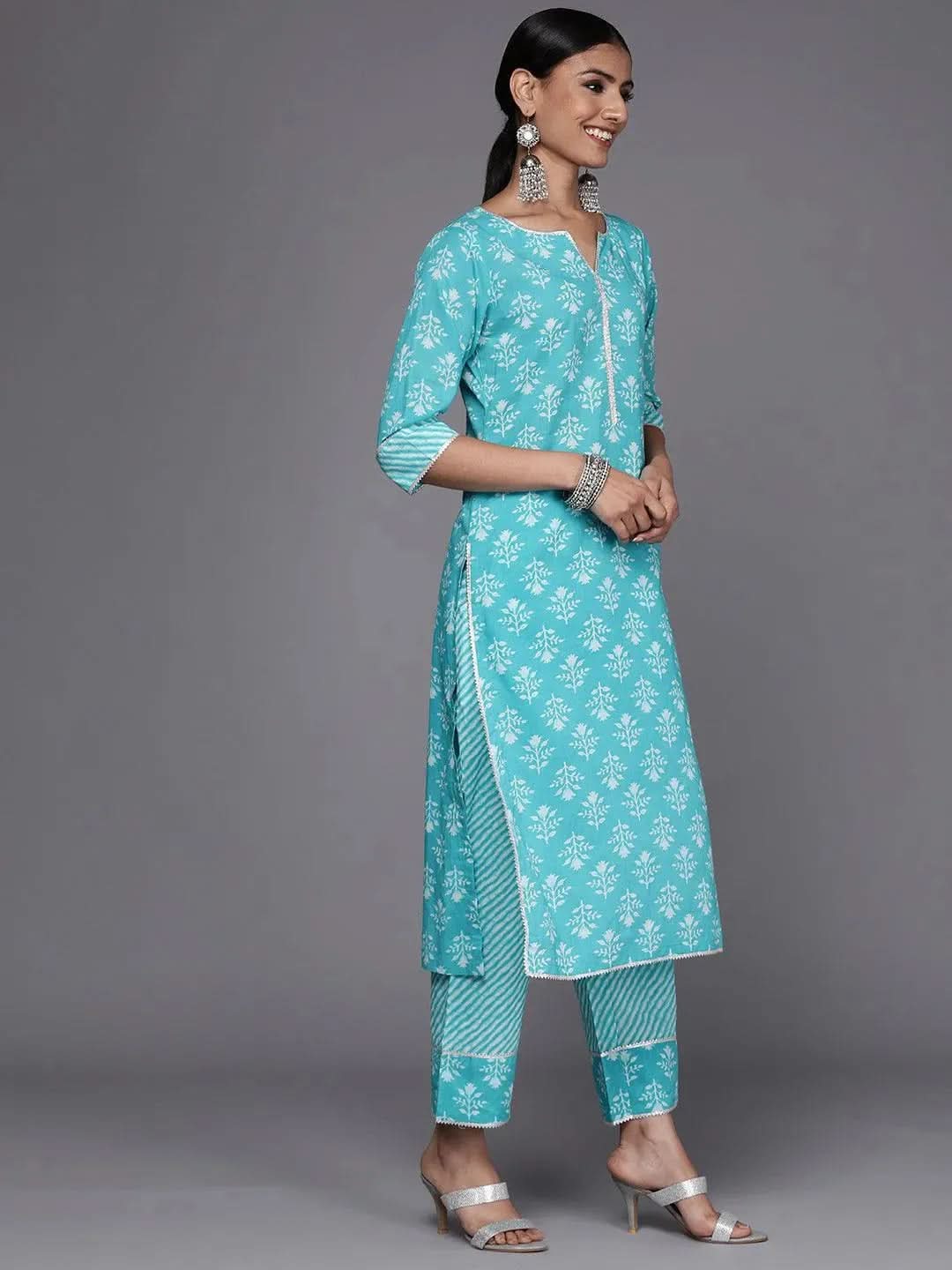

Blue Printed Cotton Straight Kurta With Trousers & Dupatta