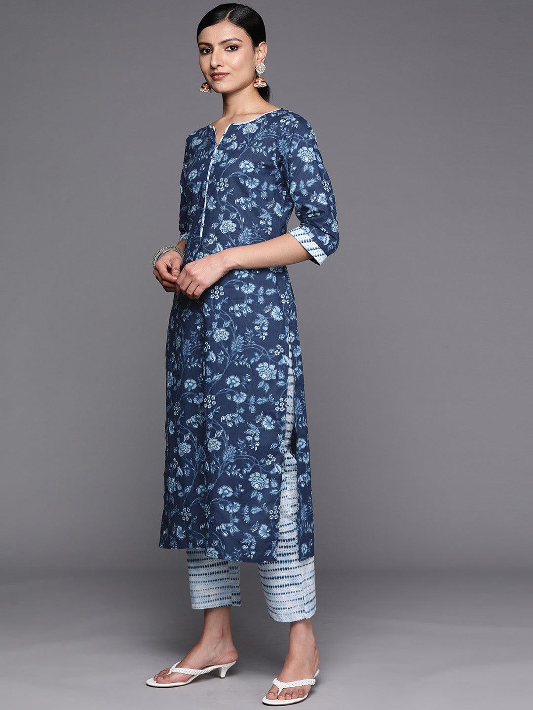 Buy Blue Printed Cotton Straight Kurta With Trousers & Dupatta Online at  Rs.1379