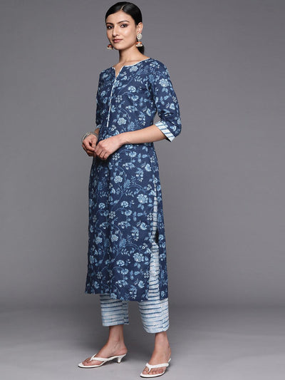 Blue Cotton Printed Straight Suit Set With Trousers - Libas