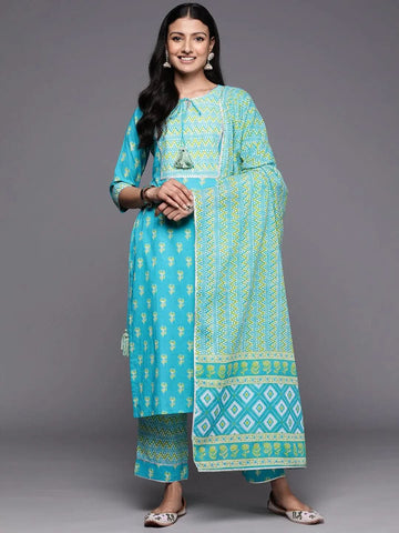 Blue Printed Cotton Straight Kurta With Trousers & Dupatta