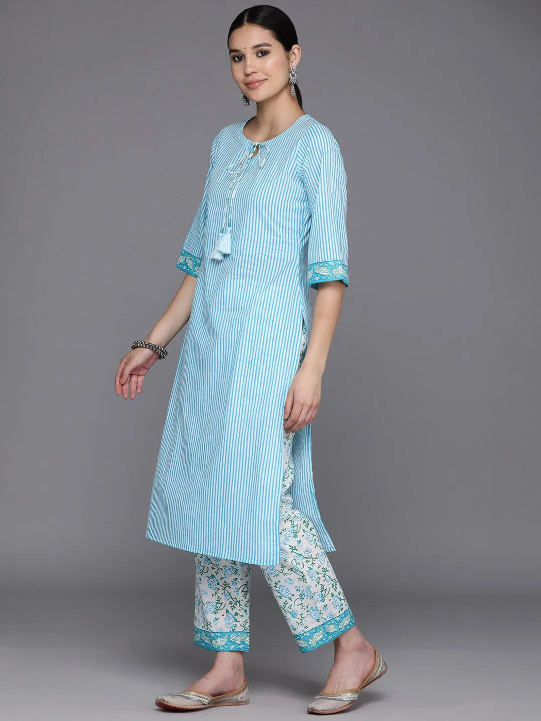 Blue Printed Cotton Straight Suit Set With Trousers - Libas 