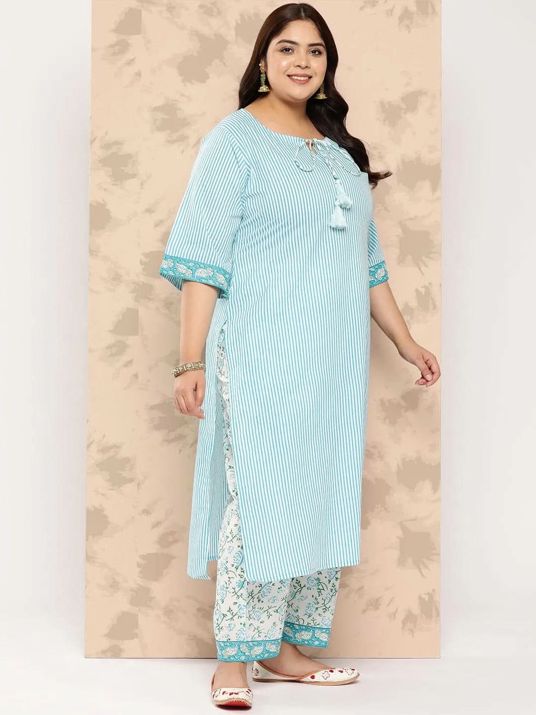 Blue Printed Cotton Straight Kurta With Trousers and Dupatta - Libas 