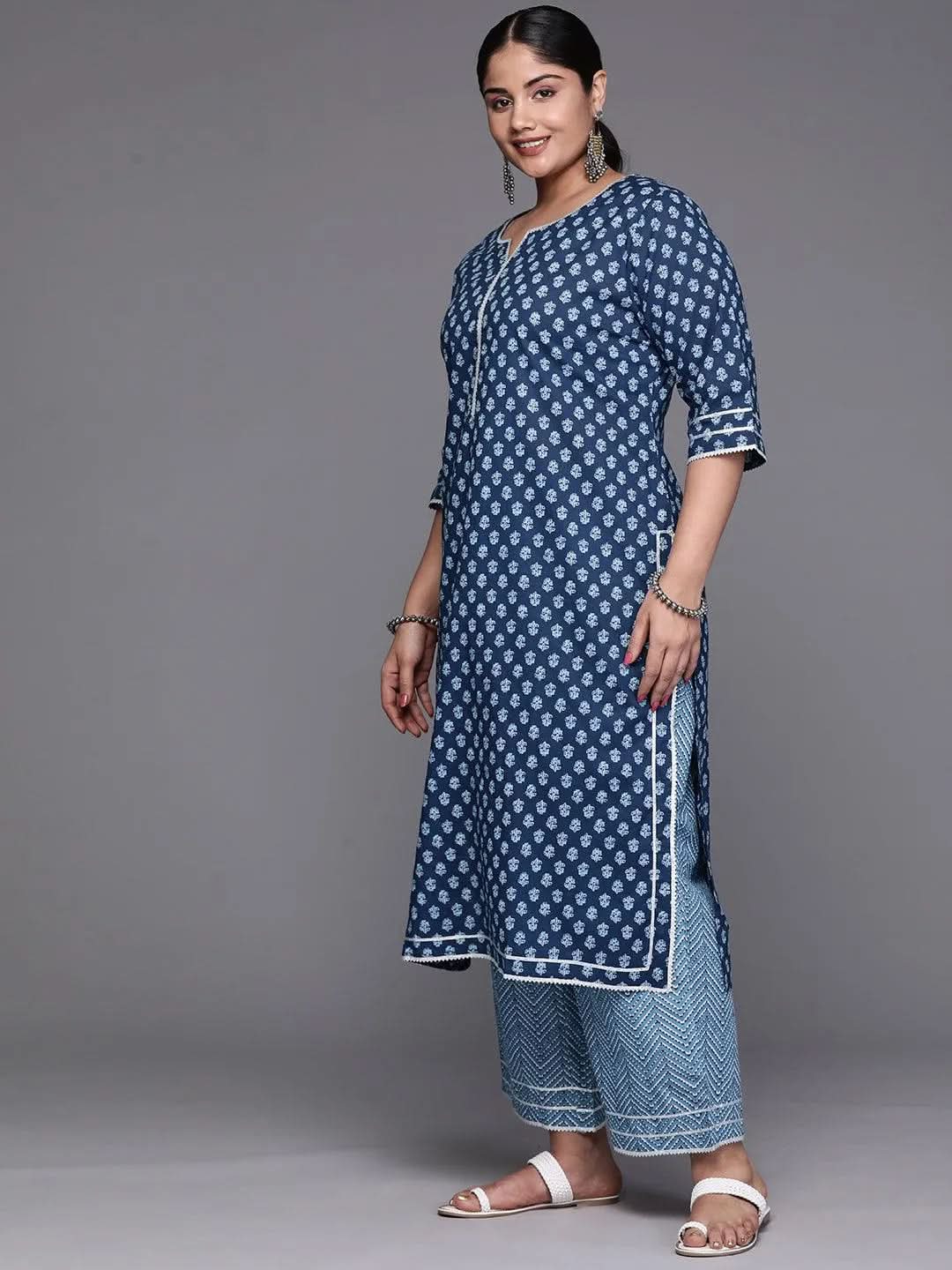 Black Yoke Design Cotton Straight Kurta With Trousers & Dupatta - Libas 