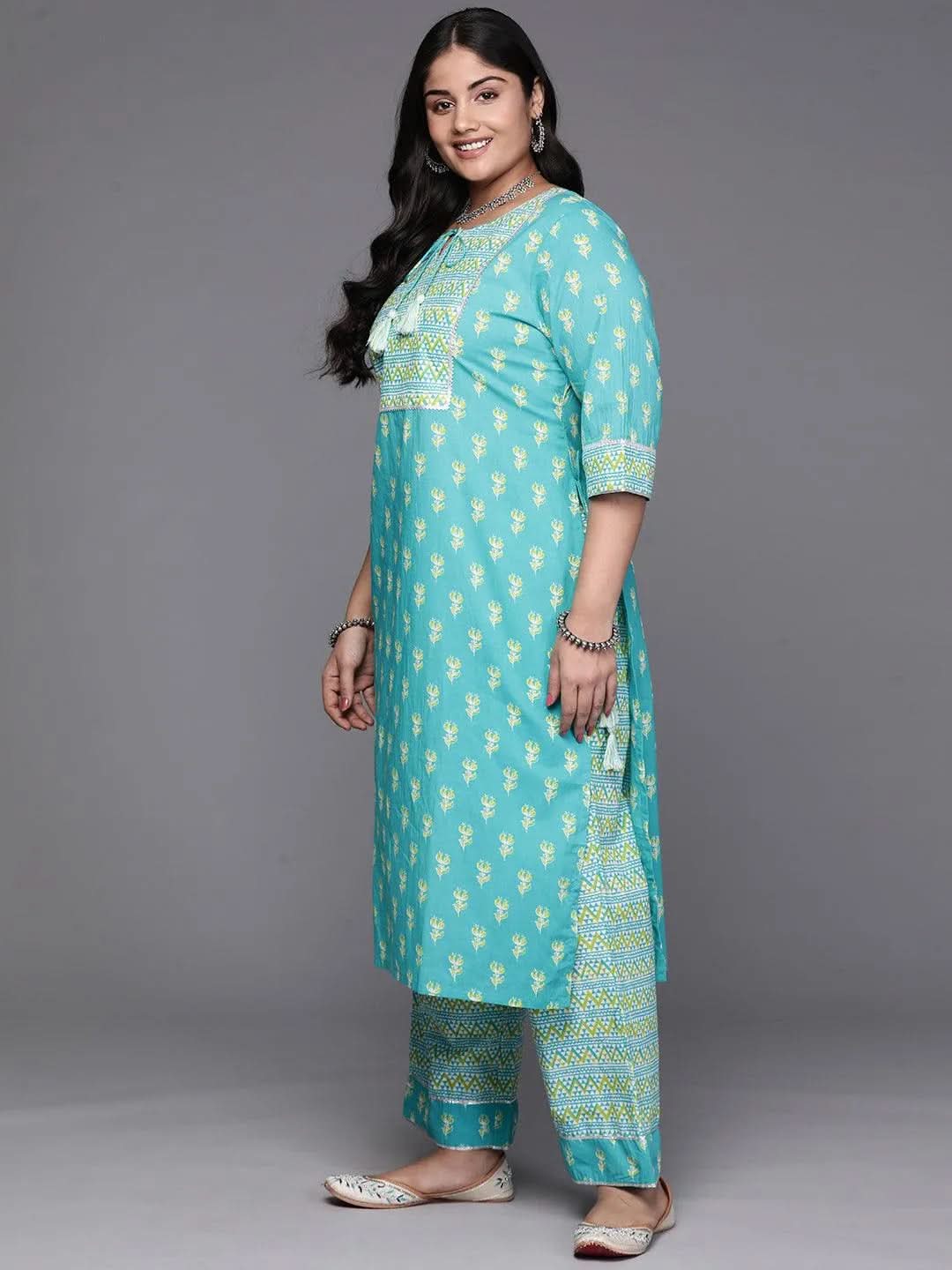 Black Yoke Design Cotton Straight Kurta With Trousers & Dupatta - Libas 