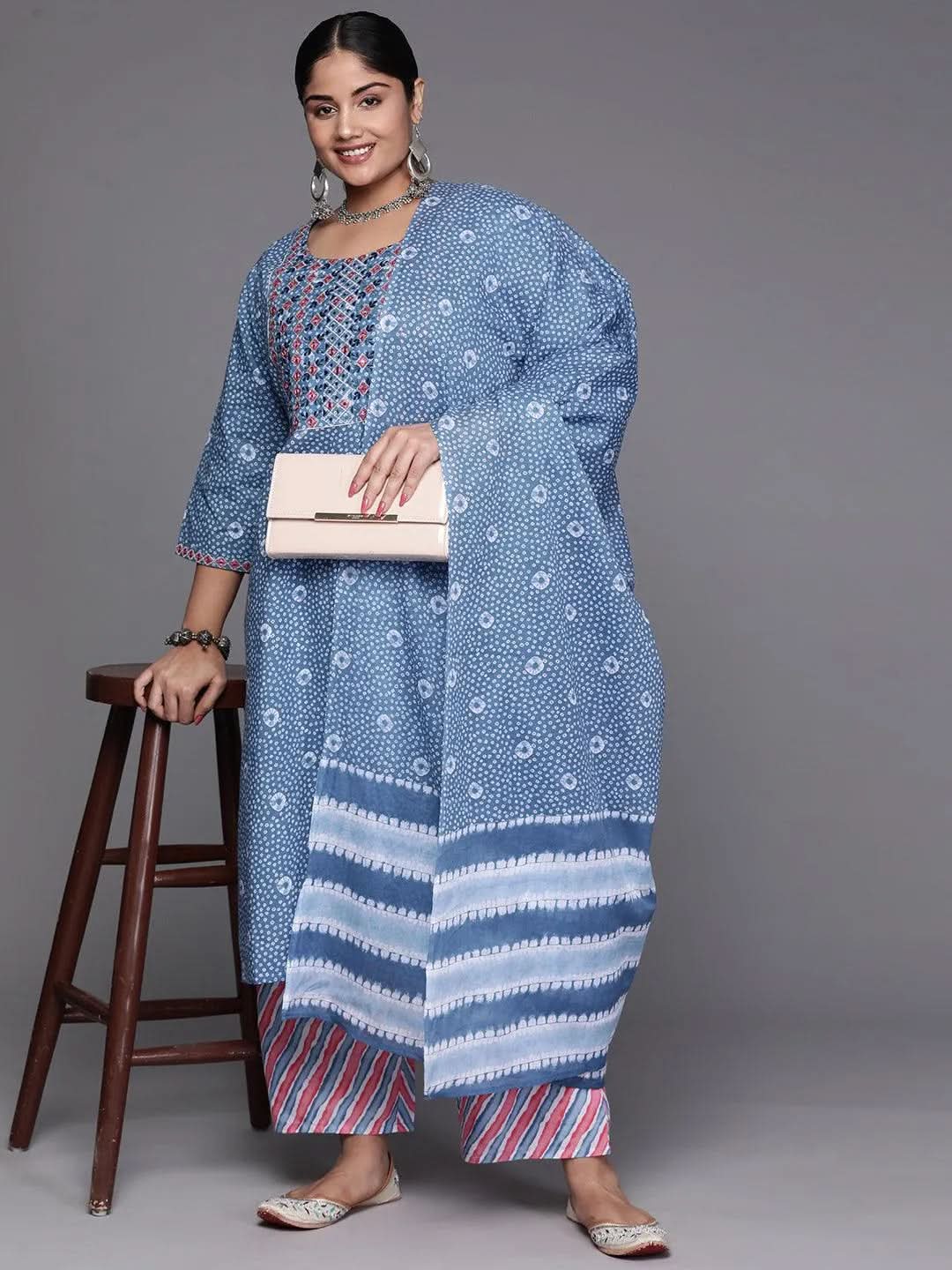 Black Yoke Design Cotton Straight Kurta With Trousers & Dupatta - Libas 