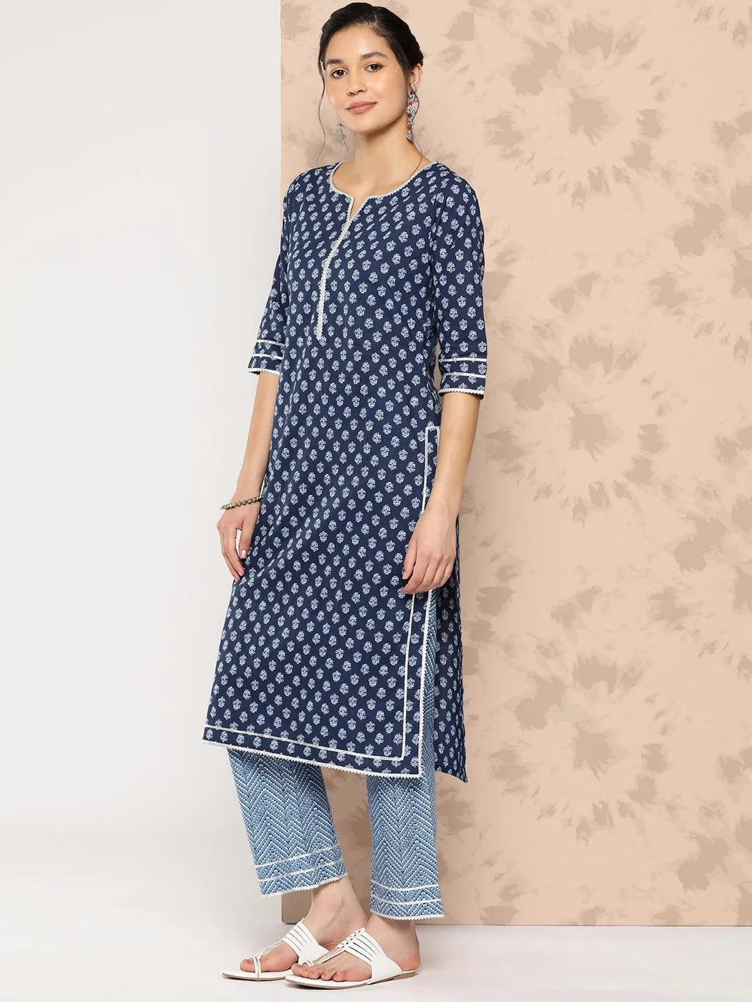 Blue Printed Cotton Straight Kurta With Trousers and Dupatta - Libas 