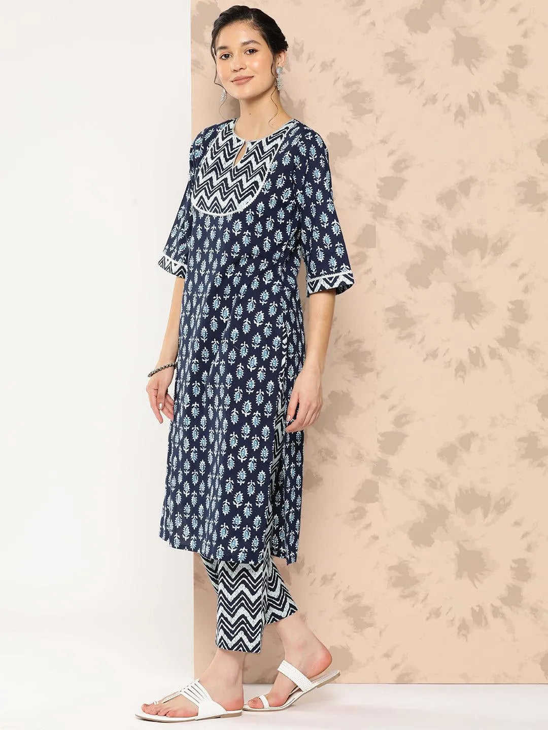 Blue Printed Cotton Straight Kurta With Trousers and Dupatta - Libas 