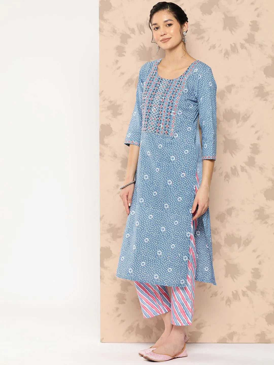 Blue Printed Cotton Straight Kurta With Trousers and Dupatta - Libas 