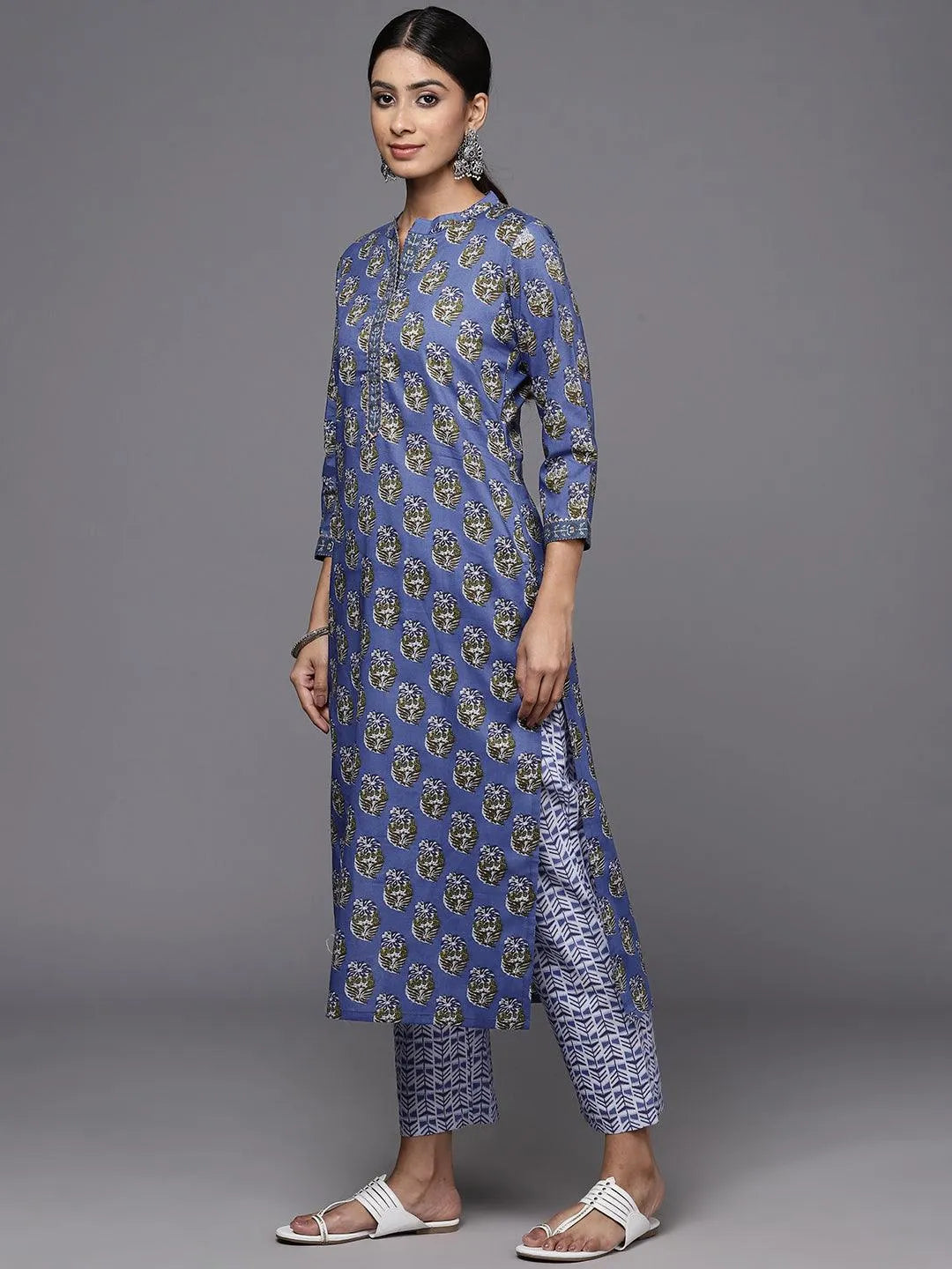 Blue Printed Cotton Straight Kurta With Trousers & Dupatta - Libas 