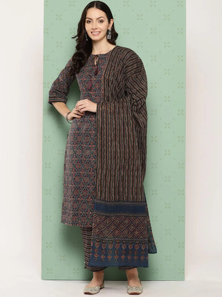 Blue Printed Cotton Straight Kurta With Trousers & Dupatta - Libas