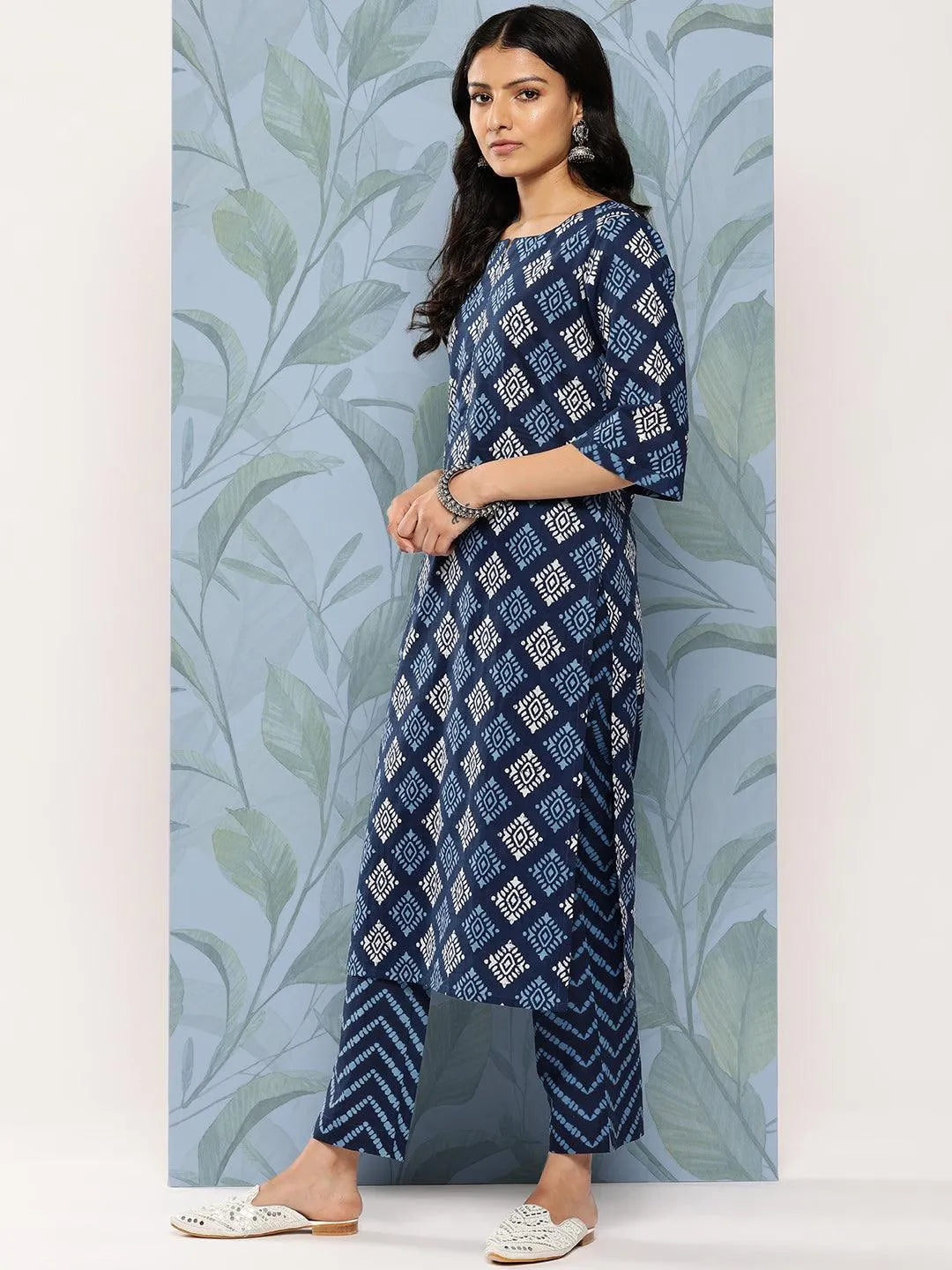 Blue Printed Cotton Straight Suit Set With Trousers - Libas 