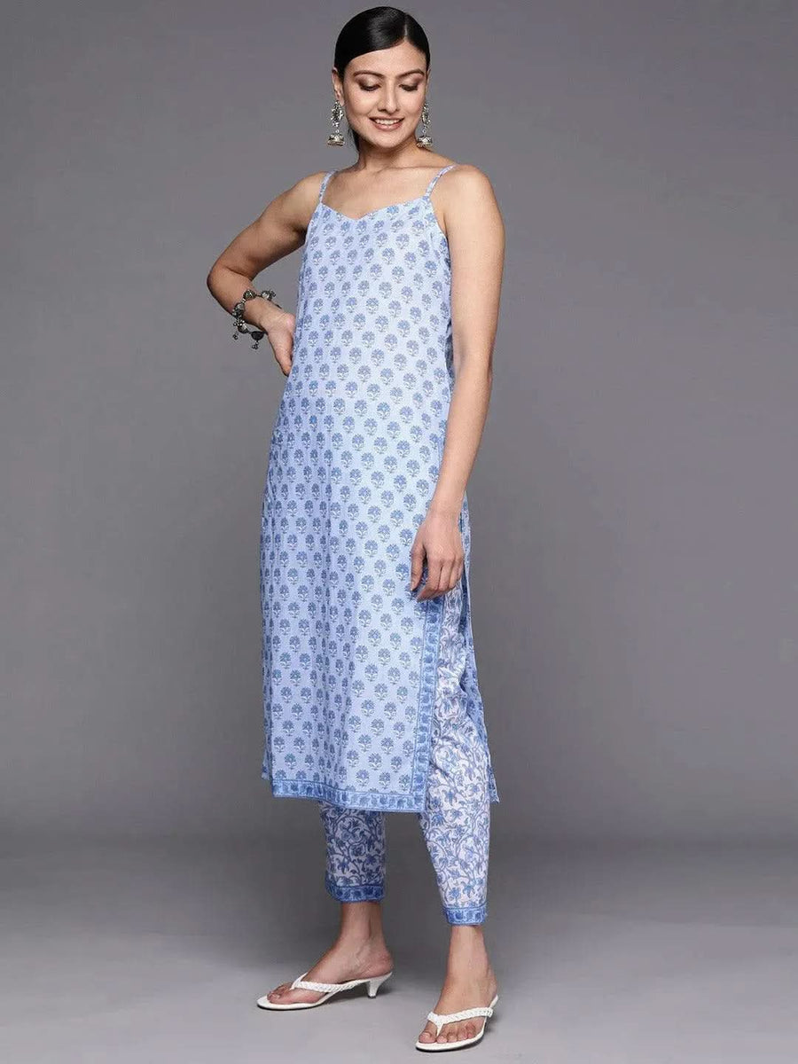Blue Printed Cotton Straight Kurta Set With Trousers
