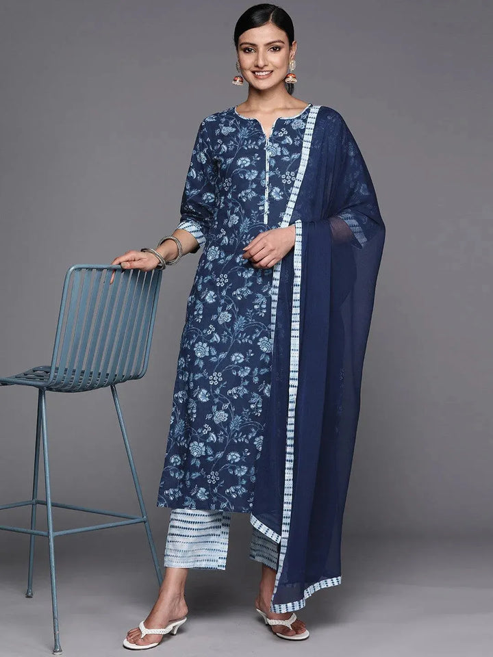 Blue Cotton Printed Straight Suit Set With Trousers - Libas