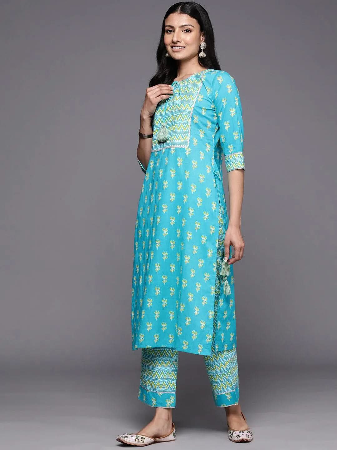 Blue Printed Cotton Straight Kurta With Trousers & Dupatta