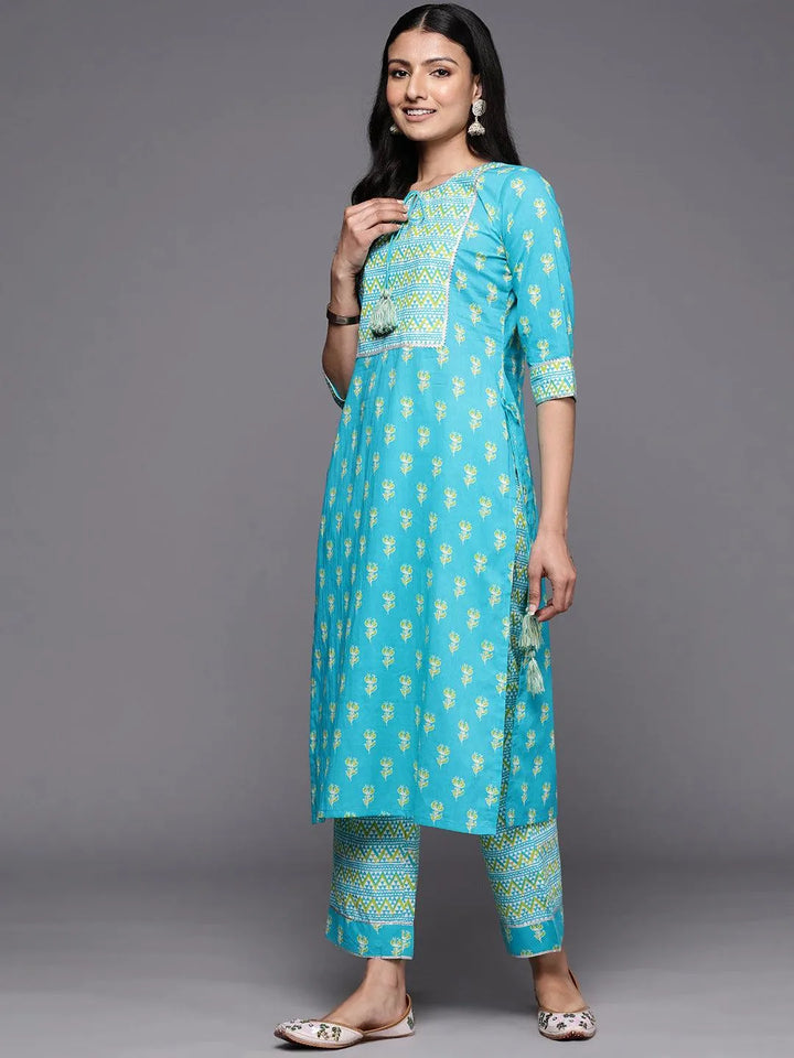 Blue Printed Cotton Straight Suit Set With Trousers - Libas