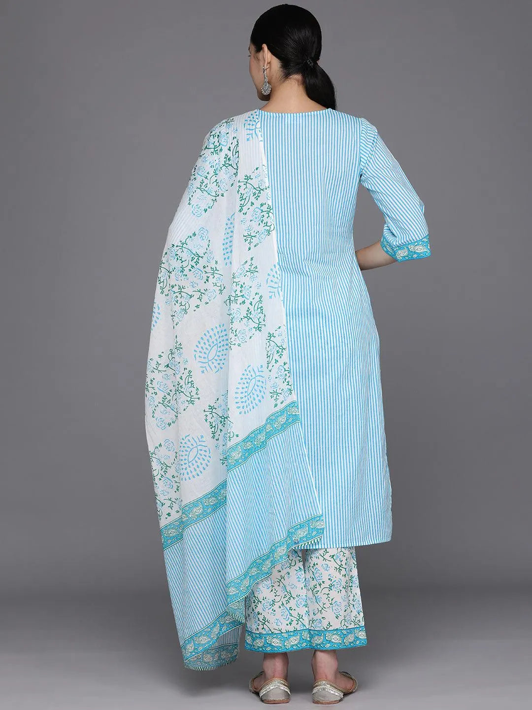 Blue Printed Cotton Straight Suit Set With Trousers - Libas 
