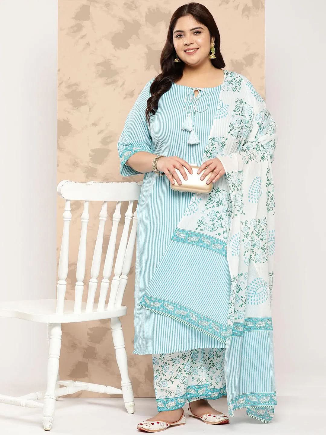 Blue Printed Cotton Straight Kurta With Trousers and Dupatta - Libas 